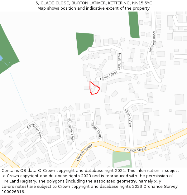 5, GLADE CLOSE, BURTON LATIMER, KETTERING, NN15 5YG: Location map and indicative extent of plot