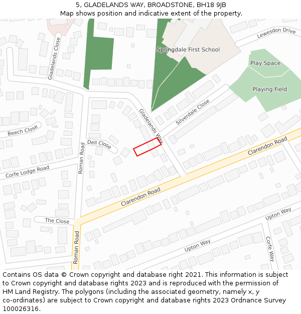 5, GLADELANDS WAY, BROADSTONE, BH18 9JB: Location map and indicative extent of plot