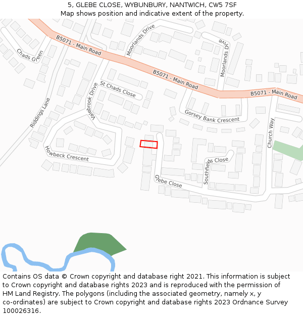 5, GLEBE CLOSE, WYBUNBURY, NANTWICH, CW5 7SF: Location map and indicative extent of plot