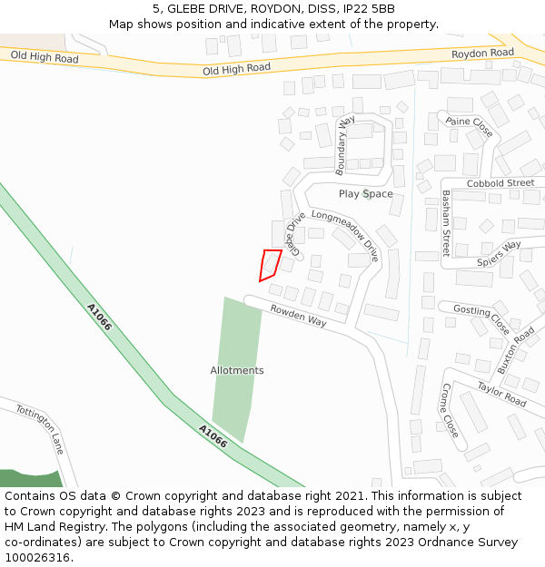 5, GLEBE DRIVE, ROYDON, DISS, IP22 5BB: Location map and indicative extent of plot