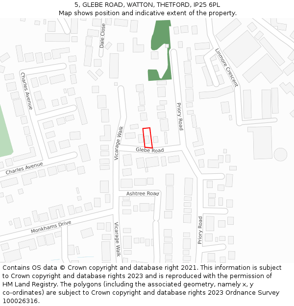 5, GLEBE ROAD, WATTON, THETFORD, IP25 6PL: Location map and indicative extent of plot