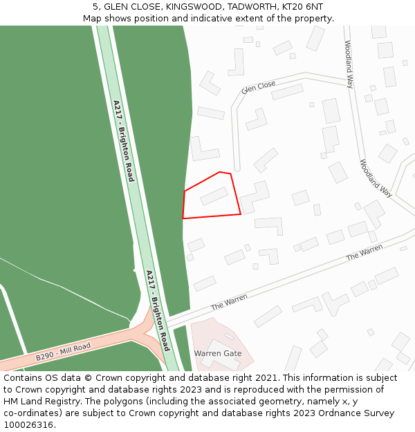 5, GLEN CLOSE, KINGSWOOD, TADWORTH, KT20 6NT: Location map and indicative extent of plot