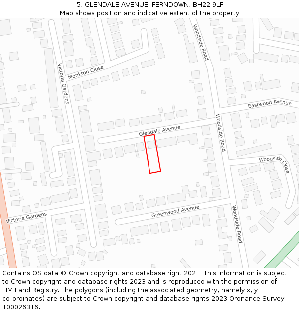 5, GLENDALE AVENUE, FERNDOWN, BH22 9LF: Location map and indicative extent of plot