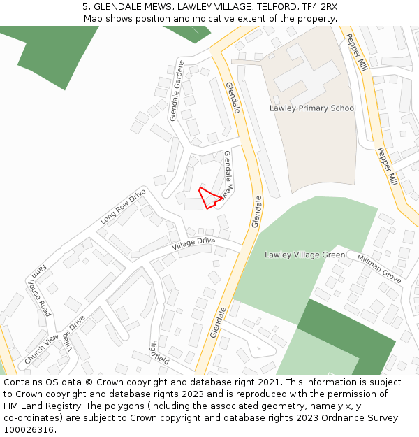 5, GLENDALE MEWS, LAWLEY VILLAGE, TELFORD, TF4 2RX: Location map and indicative extent of plot