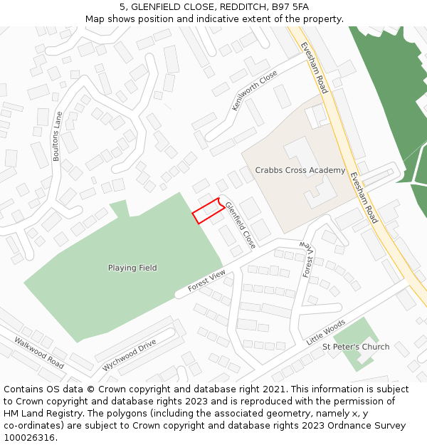 5, GLENFIELD CLOSE, REDDITCH, B97 5FA: Location map and indicative extent of plot