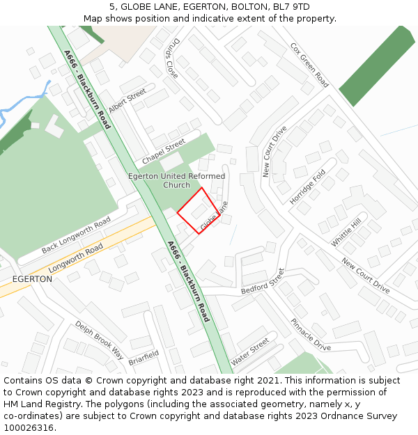 5, GLOBE LANE, EGERTON, BOLTON, BL7 9TD: Location map and indicative extent of plot