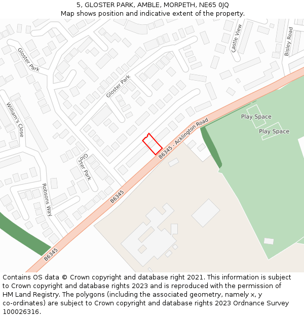 5, GLOSTER PARK, AMBLE, MORPETH, NE65 0JQ: Location map and indicative extent of plot