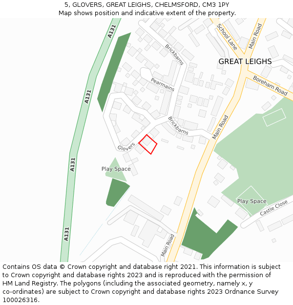 5, GLOVERS, GREAT LEIGHS, CHELMSFORD, CM3 1PY: Location map and indicative extent of plot