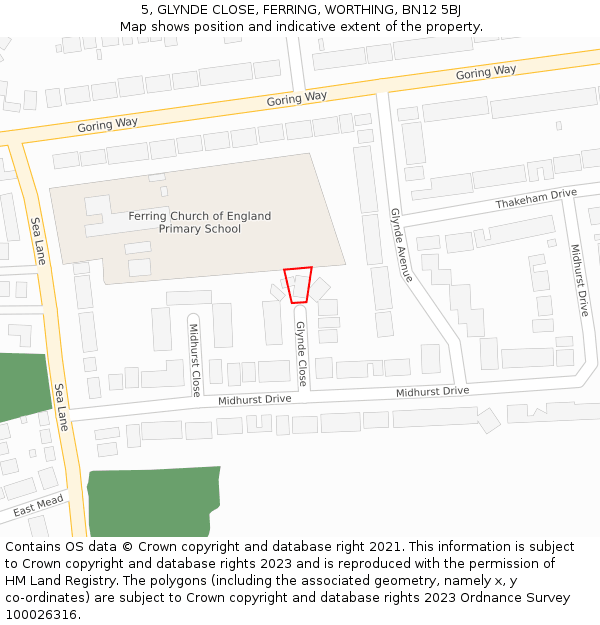 5, GLYNDE CLOSE, FERRING, WORTHING, BN12 5BJ: Location map and indicative extent of plot