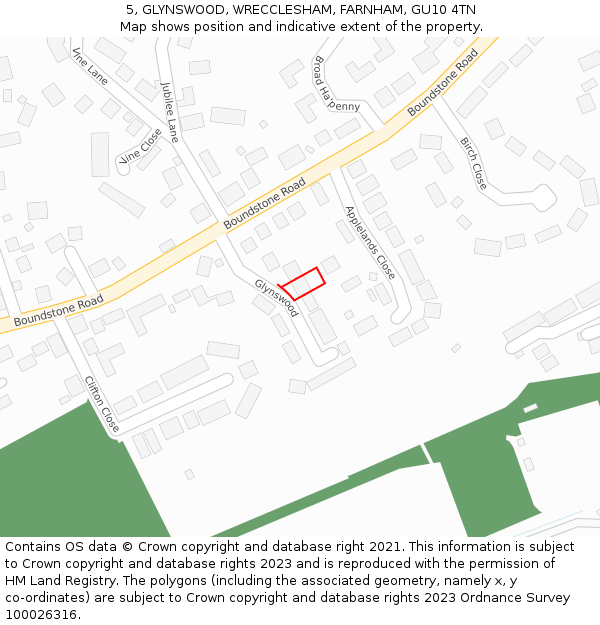5, GLYNSWOOD, WRECCLESHAM, FARNHAM, GU10 4TN: Location map and indicative extent of plot