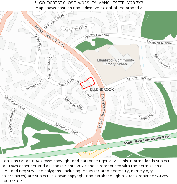 5, GOLDCREST CLOSE, WORSLEY, MANCHESTER, M28 7XB: Location map and indicative extent of plot