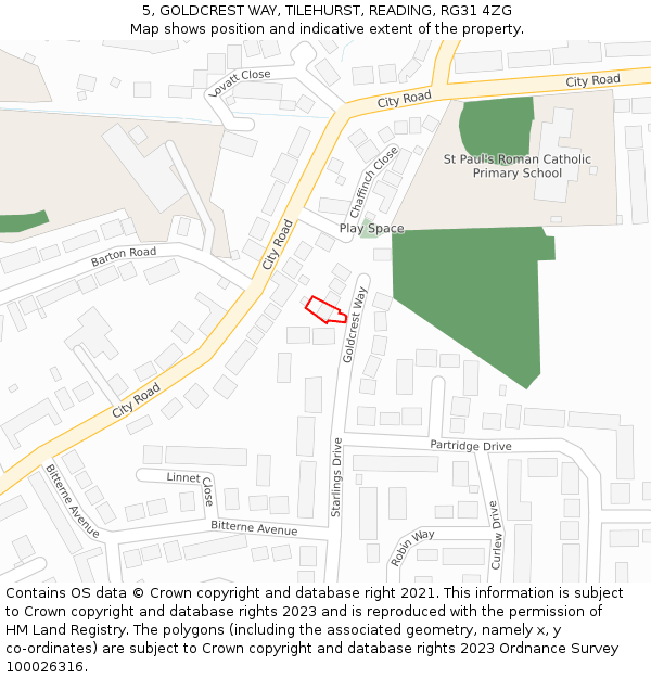 5, GOLDCREST WAY, TILEHURST, READING, RG31 4ZG: Location map and indicative extent of plot