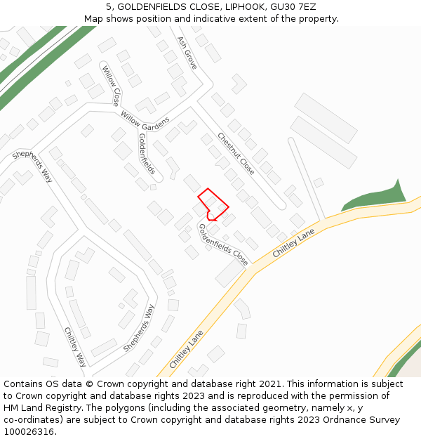 5, GOLDENFIELDS CLOSE, LIPHOOK, GU30 7EZ: Location map and indicative extent of plot