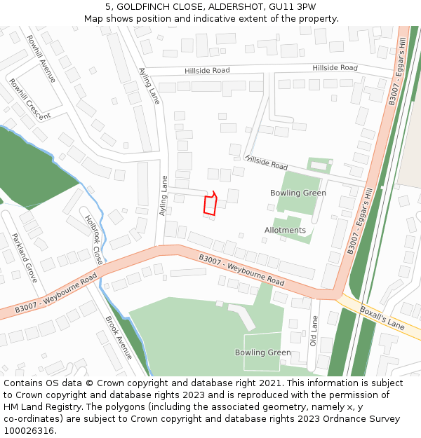 5, GOLDFINCH CLOSE, ALDERSHOT, GU11 3PW: Location map and indicative extent of plot