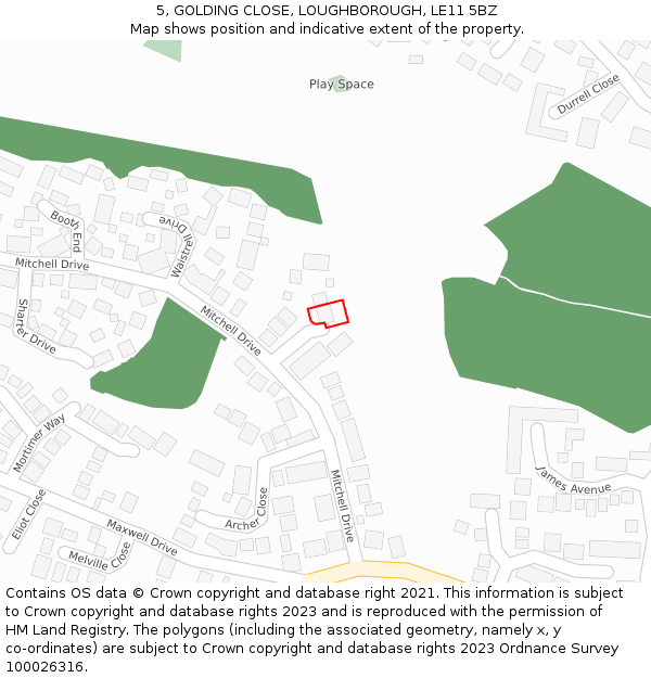 5, GOLDING CLOSE, LOUGHBOROUGH, LE11 5BZ: Location map and indicative extent of plot