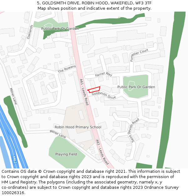 5, GOLDSMITH DRIVE, ROBIN HOOD, WAKEFIELD, WF3 3TF: Location map and indicative extent of plot
