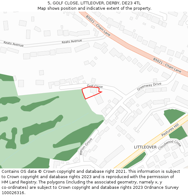 5, GOLF CLOSE, LITTLEOVER, DERBY, DE23 4TL: Location map and indicative extent of plot