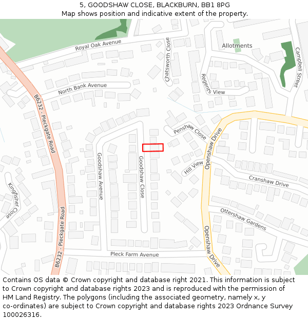 5, GOODSHAW CLOSE, BLACKBURN, BB1 8PG: Location map and indicative extent of plot