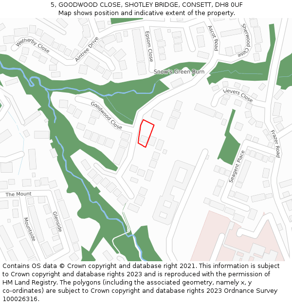 5, GOODWOOD CLOSE, SHOTLEY BRIDGE, CONSETT, DH8 0UF: Location map and indicative extent of plot