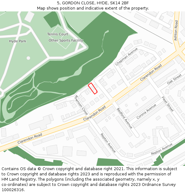 5, GORDON CLOSE, HYDE, SK14 2BF: Location map and indicative extent of plot