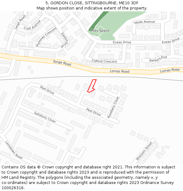 5, GORDON CLOSE, SITTINGBOURNE, ME10 3DF: Location map and indicative extent of plot