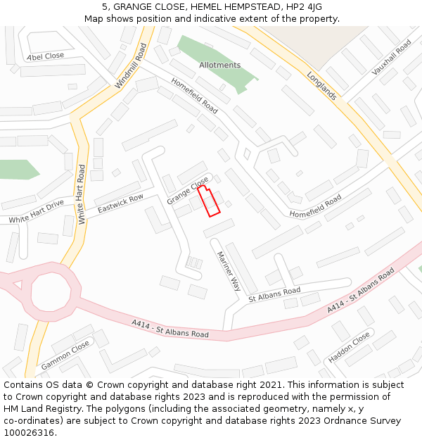 5, GRANGE CLOSE, HEMEL HEMPSTEAD, HP2 4JG: Location map and indicative extent of plot