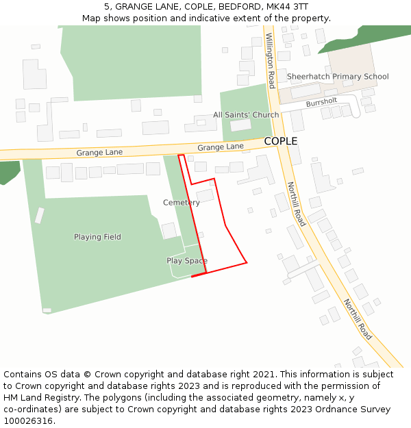 5, GRANGE LANE, COPLE, BEDFORD, MK44 3TT: Location map and indicative extent of plot