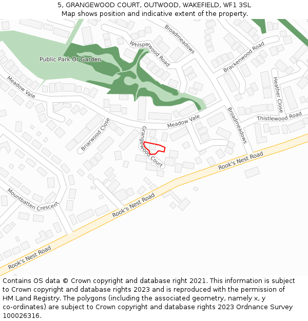 5, GRANGEWOOD COURT, OUTWOOD, WAKEFIELD, WF1 3SL: Location map and indicative extent of plot