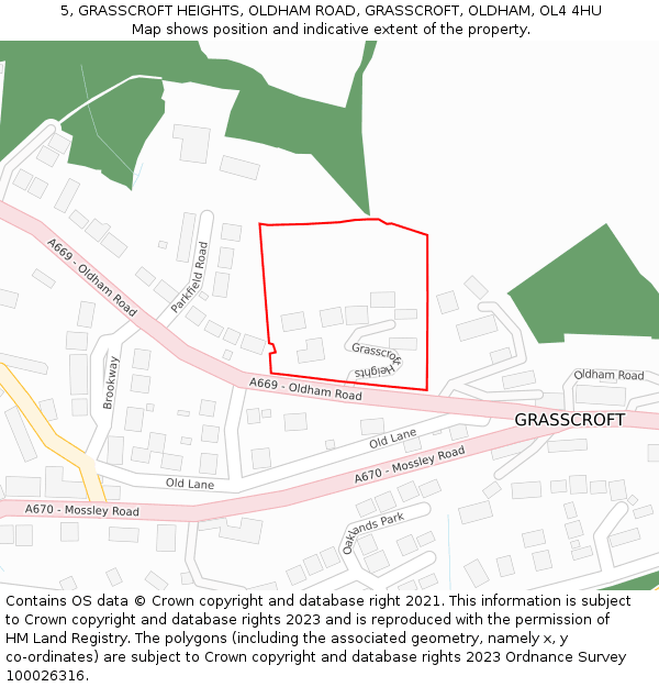 5, GRASSCROFT HEIGHTS, OLDHAM ROAD, GRASSCROFT, OLDHAM, OL4 4HU: Location map and indicative extent of plot