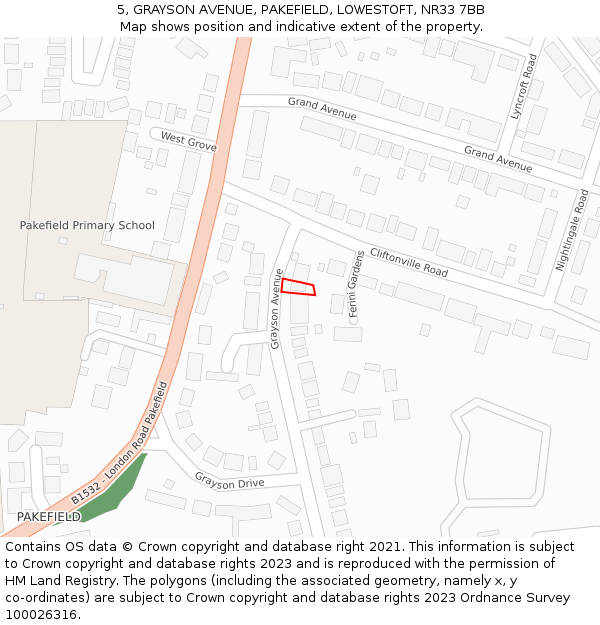 5, GRAYSON AVENUE, PAKEFIELD, LOWESTOFT, NR33 7BB: Location map and indicative extent of plot