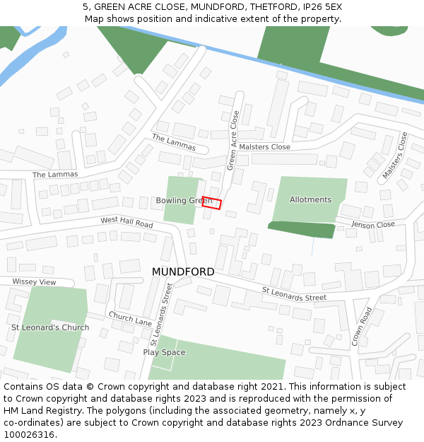 5, GREEN ACRE CLOSE, MUNDFORD, THETFORD, IP26 5EX: Location map and indicative extent of plot