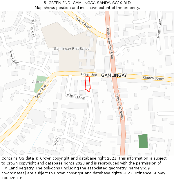 5, GREEN END, GAMLINGAY, SANDY, SG19 3LD: Location map and indicative extent of plot