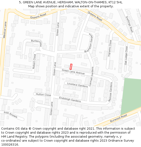 5, GREEN LANE AVENUE, HERSHAM, WALTON-ON-THAMES, KT12 5HL: Location map and indicative extent of plot