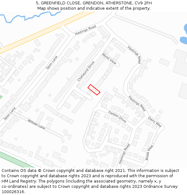 5, GREENFIELD CLOSE, GRENDON, ATHERSTONE, CV9 2FH: Location map and indicative extent of plot