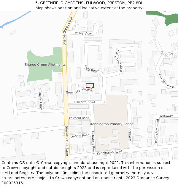 5, GREENFIELD GARDENS, FULWOOD, PRESTON, PR2 8BL: Location map and indicative extent of plot