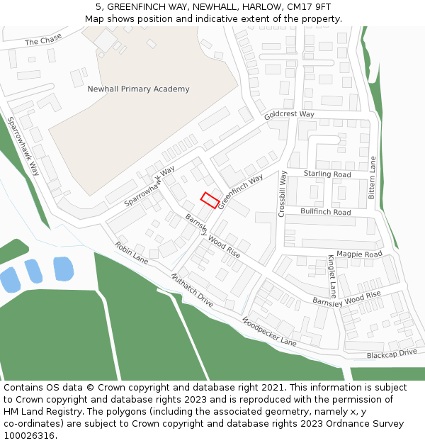 5, GREENFINCH WAY, NEWHALL, HARLOW, CM17 9FT: Location map and indicative extent of plot