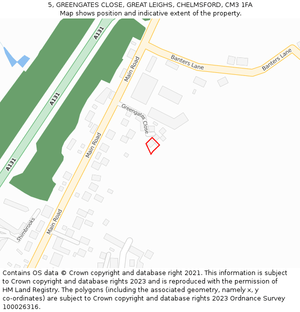 5, GREENGATES CLOSE, GREAT LEIGHS, CHELMSFORD, CM3 1FA: Location map and indicative extent of plot