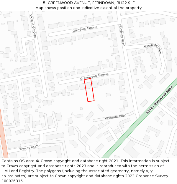 5, GREENWOOD AVENUE, FERNDOWN, BH22 9LE: Location map and indicative extent of plot