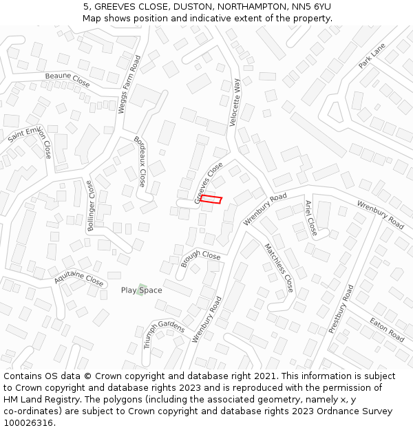 5, GREEVES CLOSE, DUSTON, NORTHAMPTON, NN5 6YU: Location map and indicative extent of plot