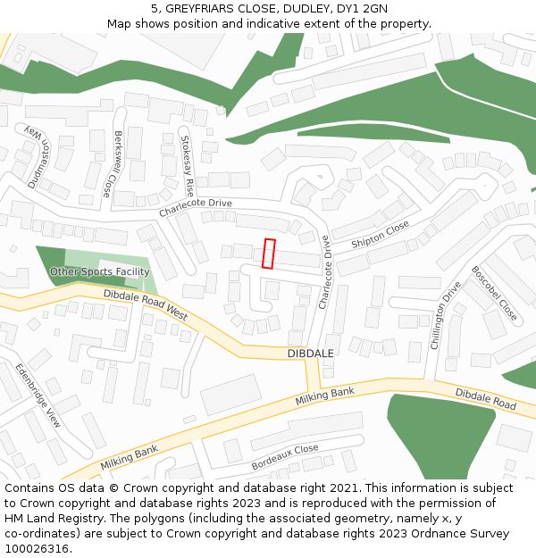 5, GREYFRIARS CLOSE, DUDLEY, DY1 2GN: Location map and indicative extent of plot