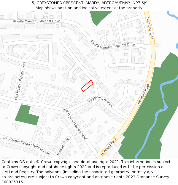 5, GREYSTONES CRESCENT, MARDY, ABERGAVENNY, NP7 6JY: Location map and indicative extent of plot