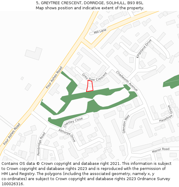 5, GREYTREE CRESCENT, DORRIDGE, SOLIHULL, B93 8SL: Location map and indicative extent of plot