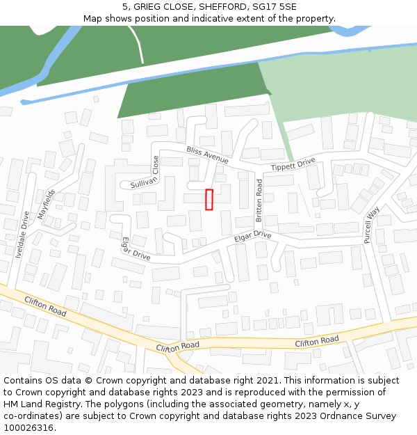 5, GRIEG CLOSE, SHEFFORD, SG17 5SE: Location map and indicative extent of plot
