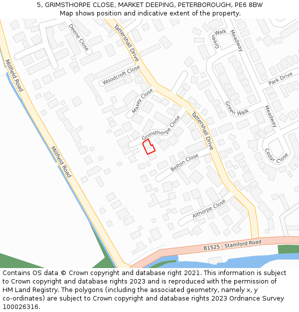 5, GRIMSTHORPE CLOSE, MARKET DEEPING, PETERBOROUGH, PE6 8BW: Location map and indicative extent of plot