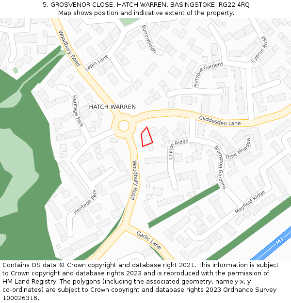 5, GROSVENOR CLOSE, HATCH WARREN, BASINGSTOKE, RG22 4RQ: Location map and indicative extent of plot