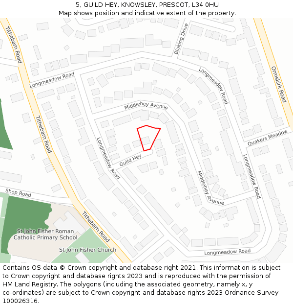 5, GUILD HEY, KNOWSLEY, PRESCOT, L34 0HU: Location map and indicative extent of plot