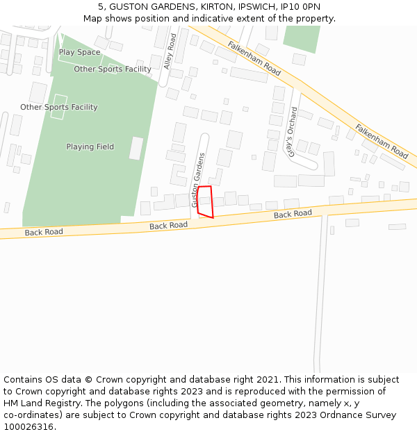5, GUSTON GARDENS, KIRTON, IPSWICH, IP10 0PN: Location map and indicative extent of plot