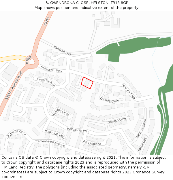 5, GWENDRONA CLOSE, HELSTON, TR13 8GP: Location map and indicative extent of plot