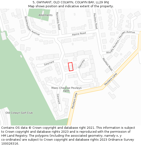 5, GWYNANT, OLD COLWYN, COLWYN BAY, LL29 9NJ: Location map and indicative extent of plot