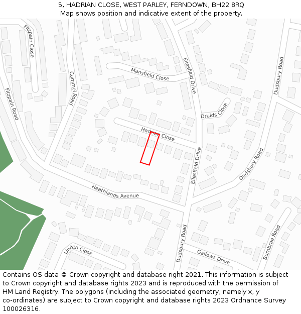 5, HADRIAN CLOSE, WEST PARLEY, FERNDOWN, BH22 8RQ: Location map and indicative extent of plot